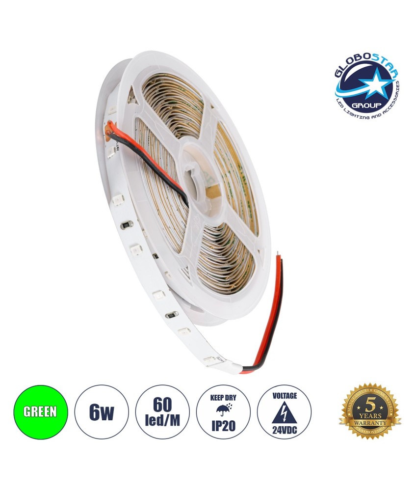 GLOBOSTAR® LILAC 70205 Ταινία LED 6W-m 360lm-m 120° DC 24V IP20 60 x SMD2835 Chip-m Πράσινο Dimmable - Sanan SMD Chip - Μ500 x Π0.8 x Υ0.1cm - Ρολό 5 Μέτρων - 5 Χρόνια Εγγύηση